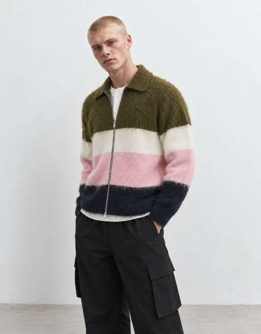 Topman relaxed fit fluffy knitted zip through stripe polo in multi, 7 of 9
