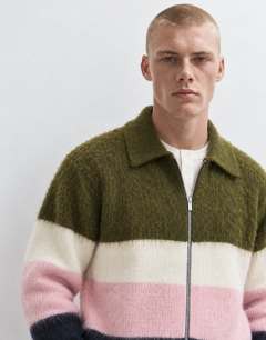 Model wearing Relaxed fit fluffy knitted zip through stripe polo in multi