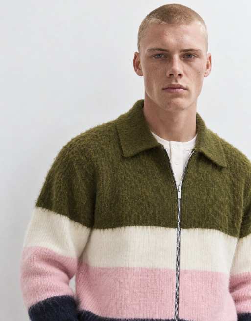 Topman relaxed fit fluffy knitted zip through stripe polo in multi, 8 of 9