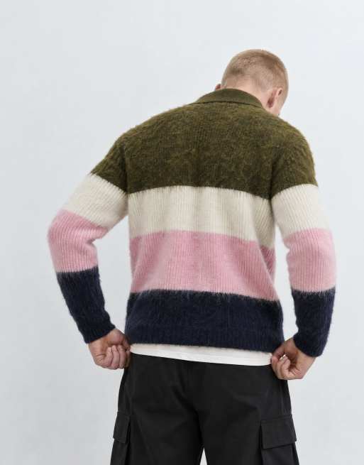 Topman relaxed fit fluffy knitted zip through stripe polo in multi, 9 of 9