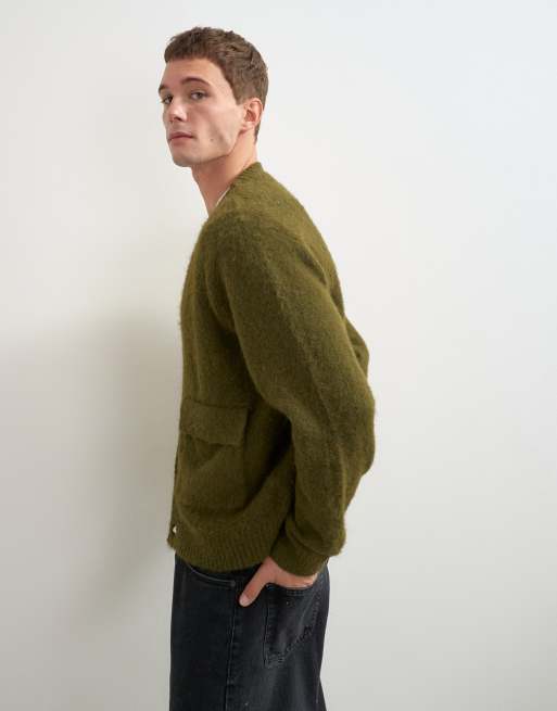 Topman relaxed fit fluffy strikket cardigan med to lommer i khaki, 5 af 5