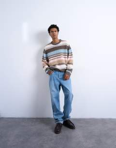 Model wearing Relaxed fit fluffy stripe knitted jumper in brown