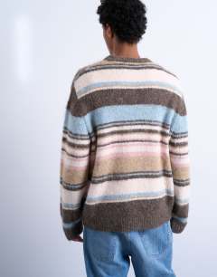Model wearing Relaxed fit fluffy stripe knitted jumper in brown