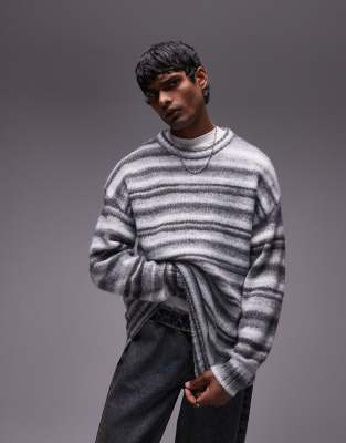 relaxed fit fluffy stripe sweater in gray stripe