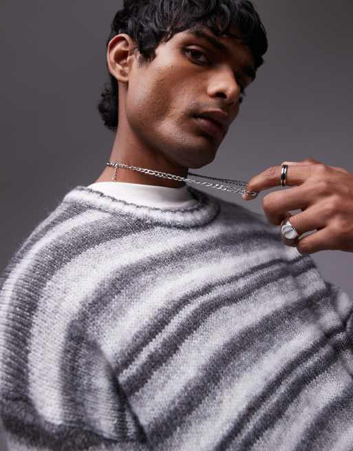 Topman relaxed fit fluffy stripe sweater in gray stripe