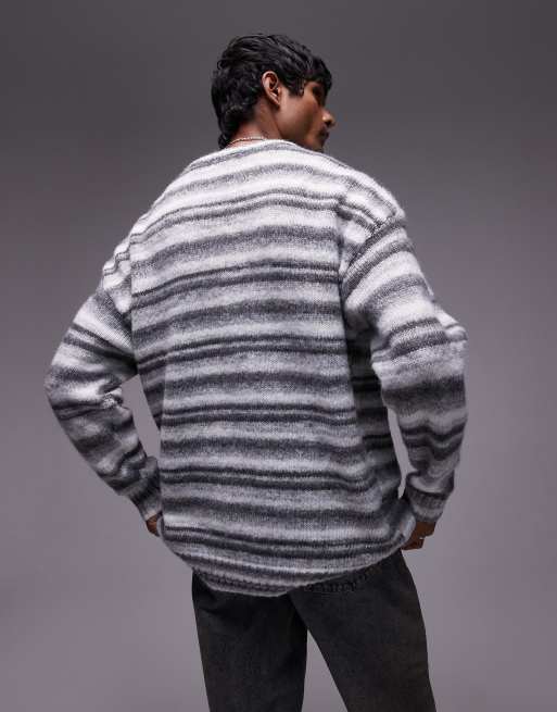 Topman relaxed fit fluffy stripe sweater in gray stripe