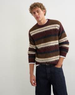 Relaxed fit fluffy striped knitted jumper in burgundy