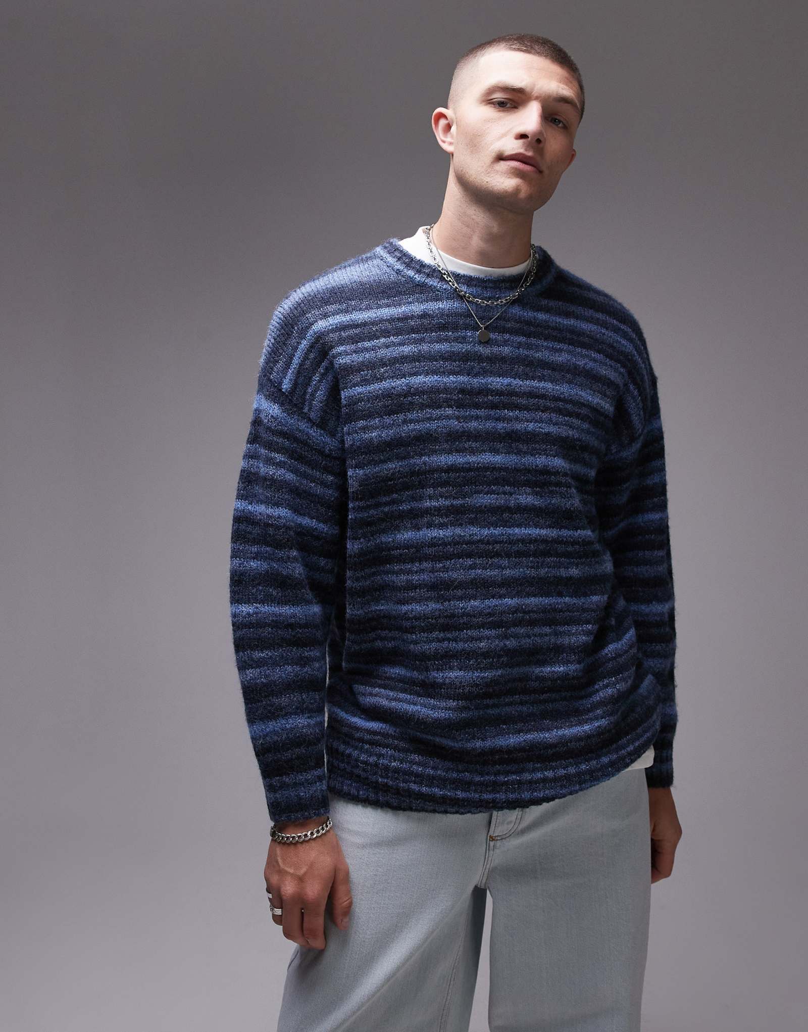 Свитер с ворсом в синюю полоску свободного кроя от Topman