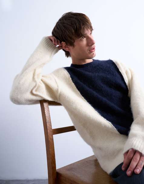 Topman relaxed fit fluffy yarn paneled sweater in navy - view 1