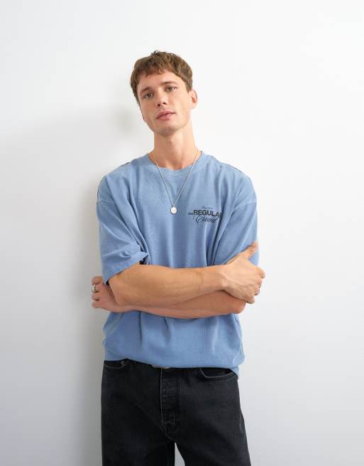 Topman relaxed fit front and back social club print t-shirt in blue, 4 of 5