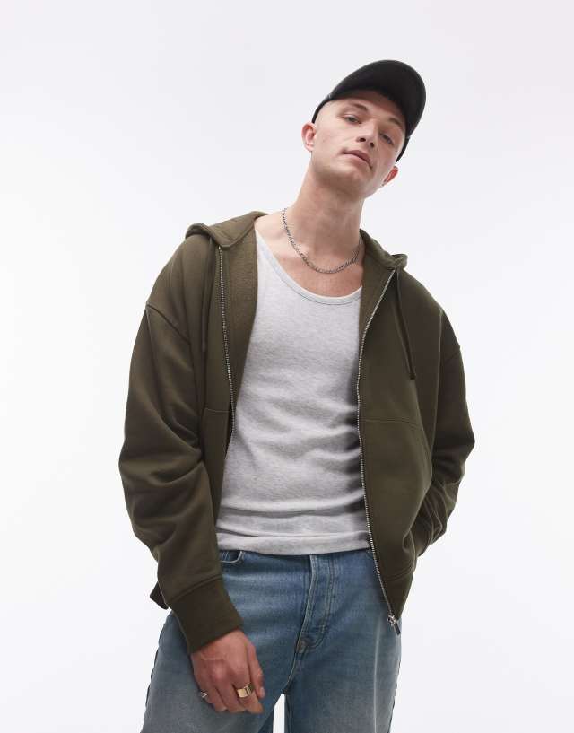 Topman - relaxed fit full zip hoodie in khaki