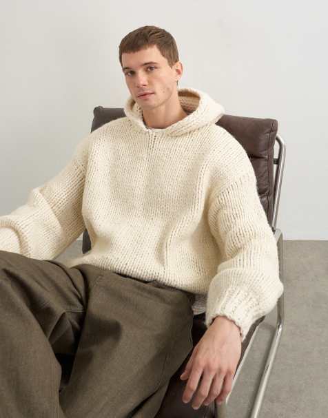 Topman relaxed fit hand knitted heavyweight hoodie in ecru - view 1