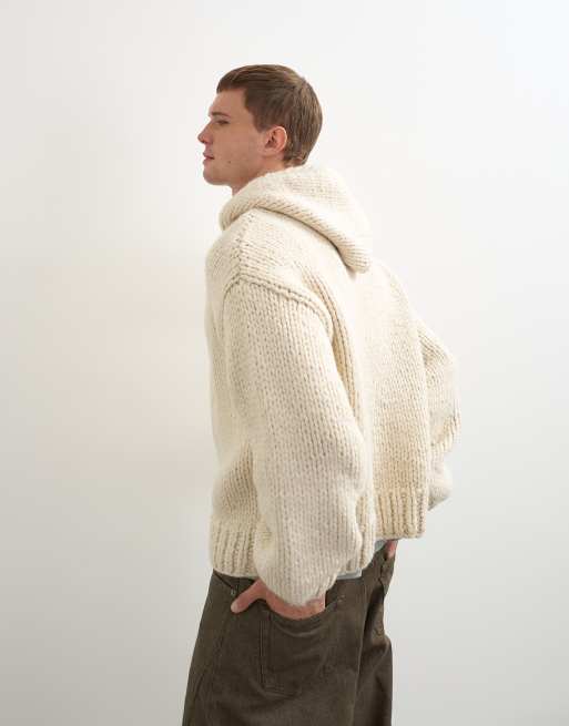 Topman relaxed fit hand knitted heavyweight hoodie in ecru, 3 of 9
