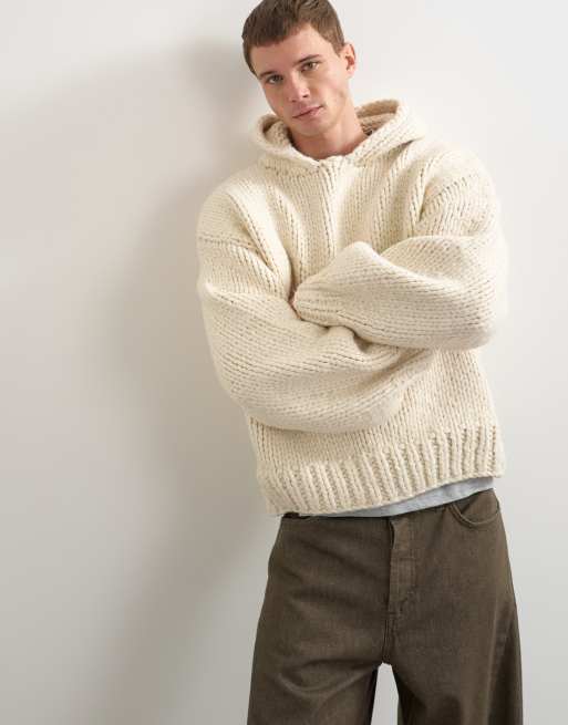 Topman relaxed fit hand knitted heavyweight hoodie in ecru, 5 of 9