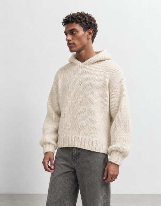 Topman relaxed fit hand knitted heavyweight hoodie in ecru, 8 of 9