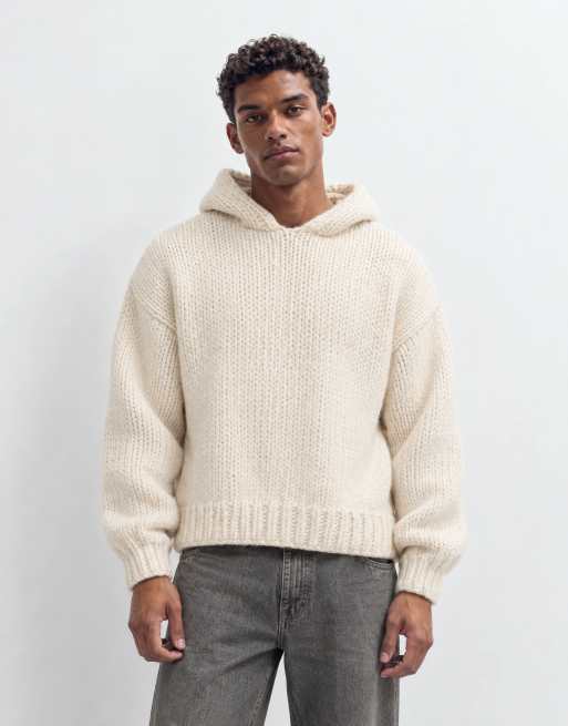 Topman relaxed fit hand knitted heavyweight hoodie in ecru, 9 of 9