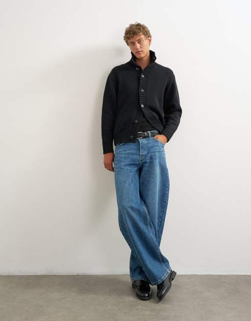 Topman relaxed fit heavyweight funnel neck sweater in black, 2 of 5