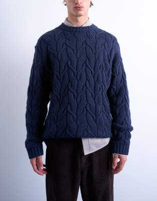 Topman Relaxed Fit Heavyweight Knit Sweater With Cable In Blue