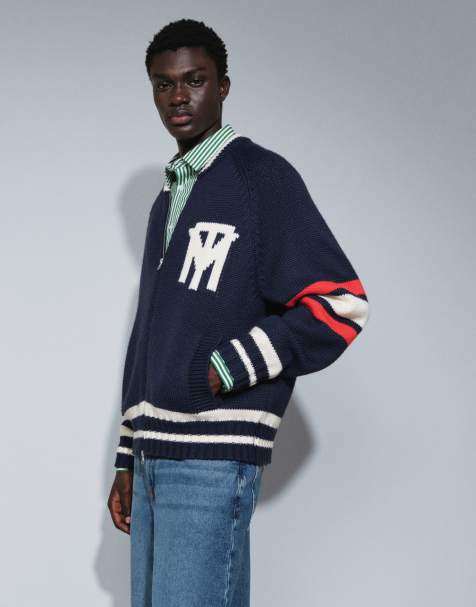 Topman relaxed fit heavyweight knit varsity cardigan in navy - view 1