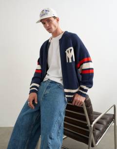 Relaxed fit heavyweight knit varsity cardigan in navy