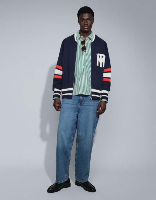 Topman relaxed fit heavyweight knit varsity cardigan in navy, 2 of 5