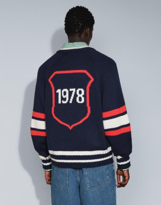 Topman relaxed fit heavyweight knit varsity cardigan in navy, 3 of 5