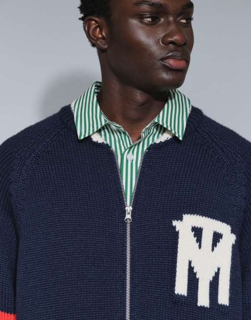 Topman relaxed fit heavyweight knit varsity cardigan in navy, 5 of 5