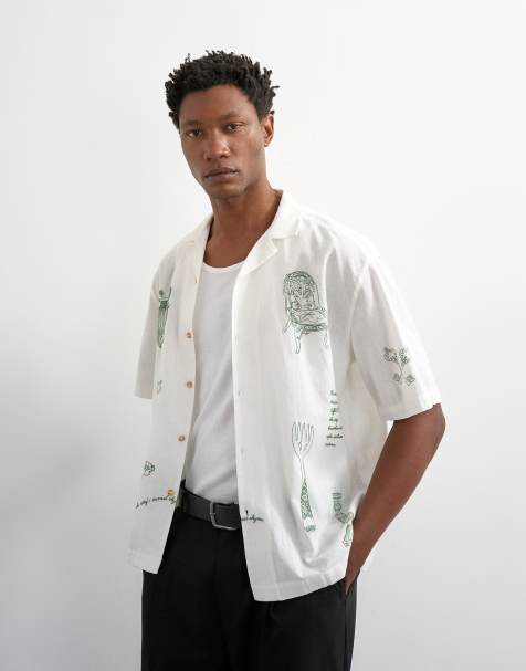 Topman – Relaxed-Fit-Hemd aus Leinenmix in Ecru mit platzierter All-over-Stickerei - view 1