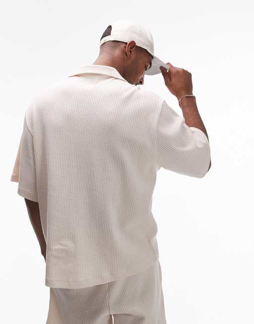 Topman – Relaxed-Fit-Hemd in Steinbeige aus Jersey mit Waffelstruktur und Knopfleiste, 4 von 4