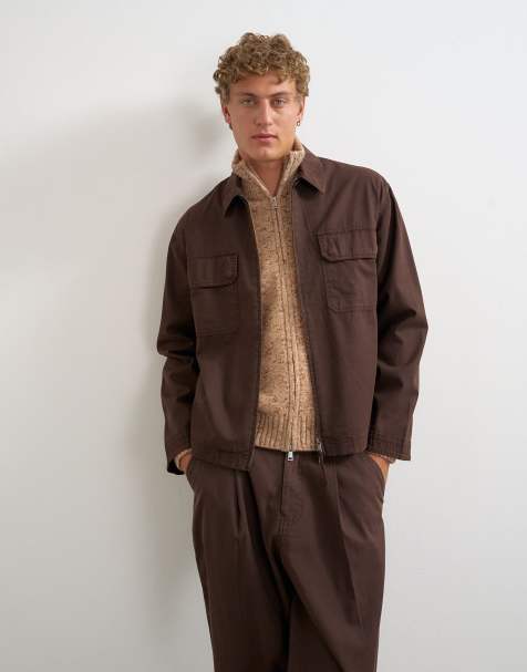 Topman relaxed fit herringbone overshirt in brown - view 1