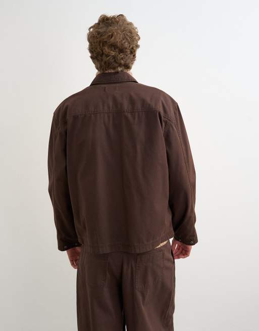 Topman relaxed fit herringbone overshirt in brown, 5 of 5