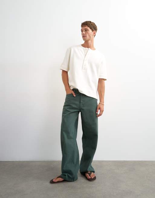 Topman relaxed fit jersey twill baseball henley shirt in ecru, 4 of 5