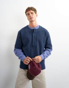 Relaxed fit jersey twill baseball henley shirt in navy