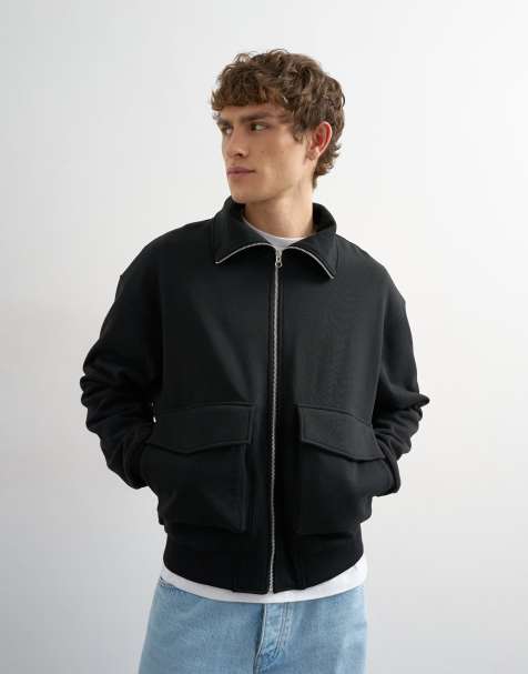 Topman relaxed fit jersey utility shacket with funnel in black - view 1