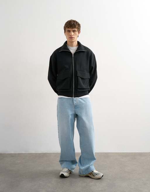 Topman relaxed fit jersey utility shacket with funnel in black, 2 of 5