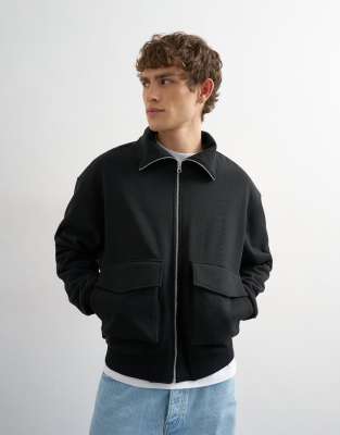 Topman Relaxed Fit Jersey Utility Shacket With Funnel Neck In Black