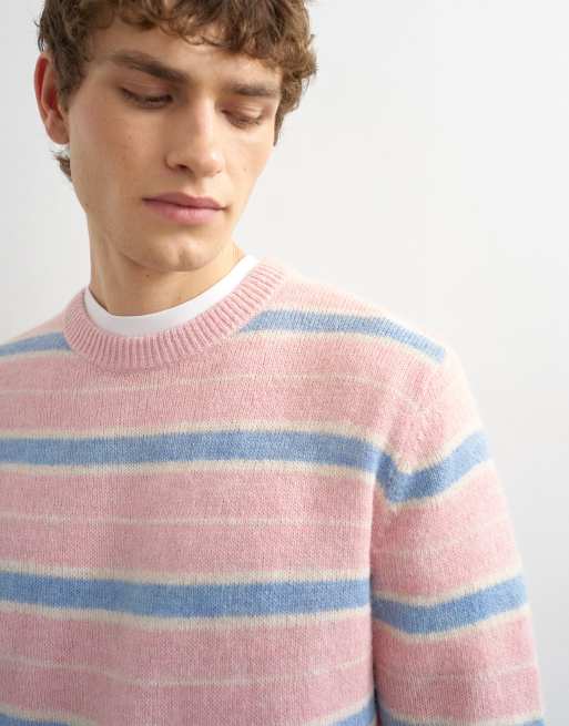 Topman relaxed fit knit brushed striped sweater in pink, 5 of 5