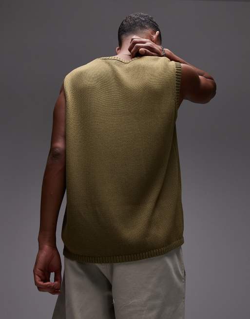 Topman relaxed fit knit crew neck tank top in khaki green