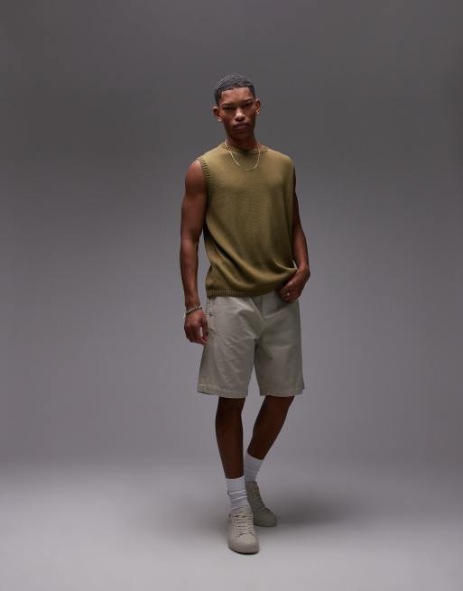 Topman relaxed fit knit crew neck tank top in khaki green