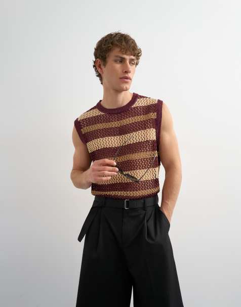 Topman relaxed fit knit crochet stripe tank in burgundy - view 1