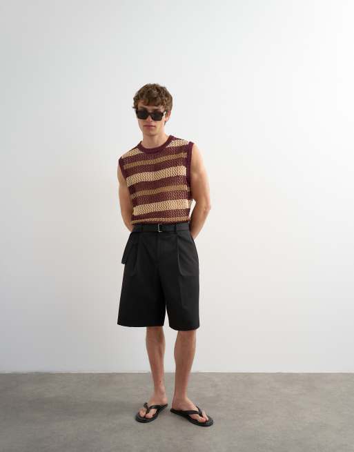 Topman relaxed fit knit crochet stripe tank in burgundy, 3 of 5