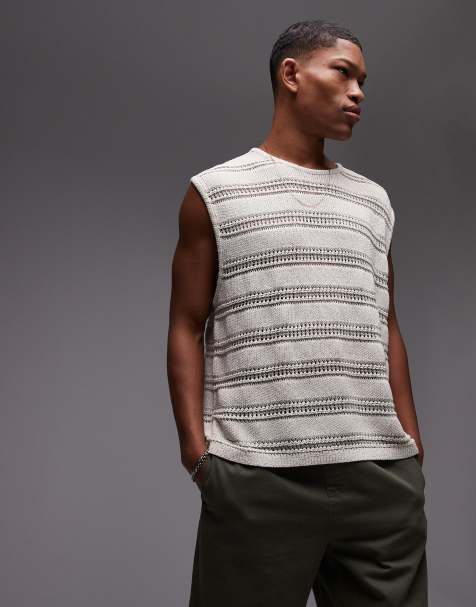 Topman relaxed fit knit crochet tank top with metallic yarn in stone - view 1