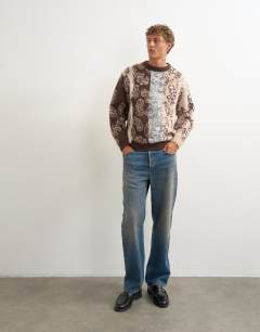 Model wearing Relaxed fit knit jumper with placement paisley design In brown