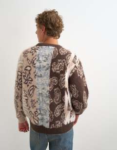 Model wearing Relaxed fit knit jumper with placement paisley design In brown
