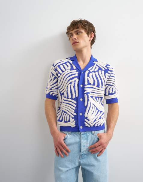 Topman relaxed fit knit shirt with all-over boucle floral applique in blue - view 1