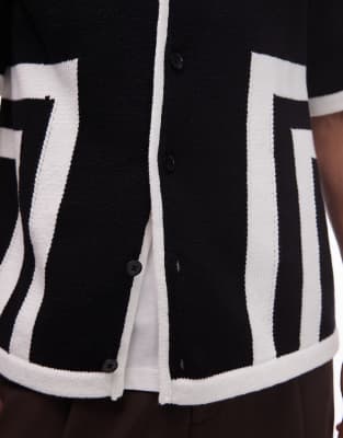 Topman Relaxed Fit Knit Shirt With Border Design In Black