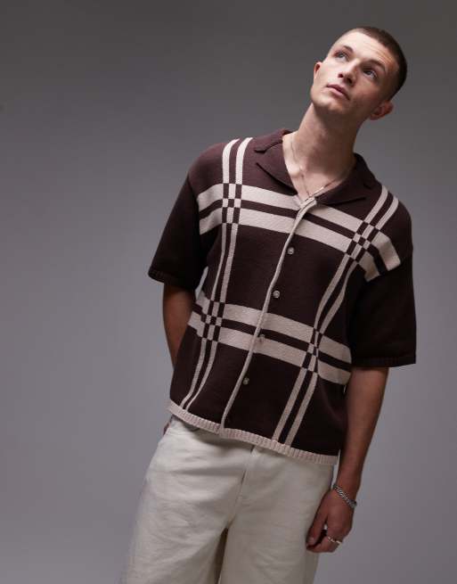Topman relaxed fit knit shirt with plaid design in brown