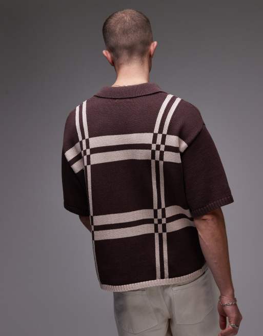 Topman relaxed fit knit shirt with plaid design in brown
