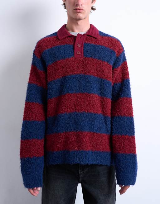 Topman relaxed fit knit striped polo sweater in burgundy