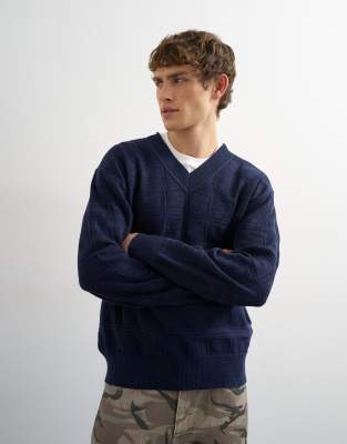 Topman Relaxed Fit Knit V-neck Sweater With Texture In Blue
